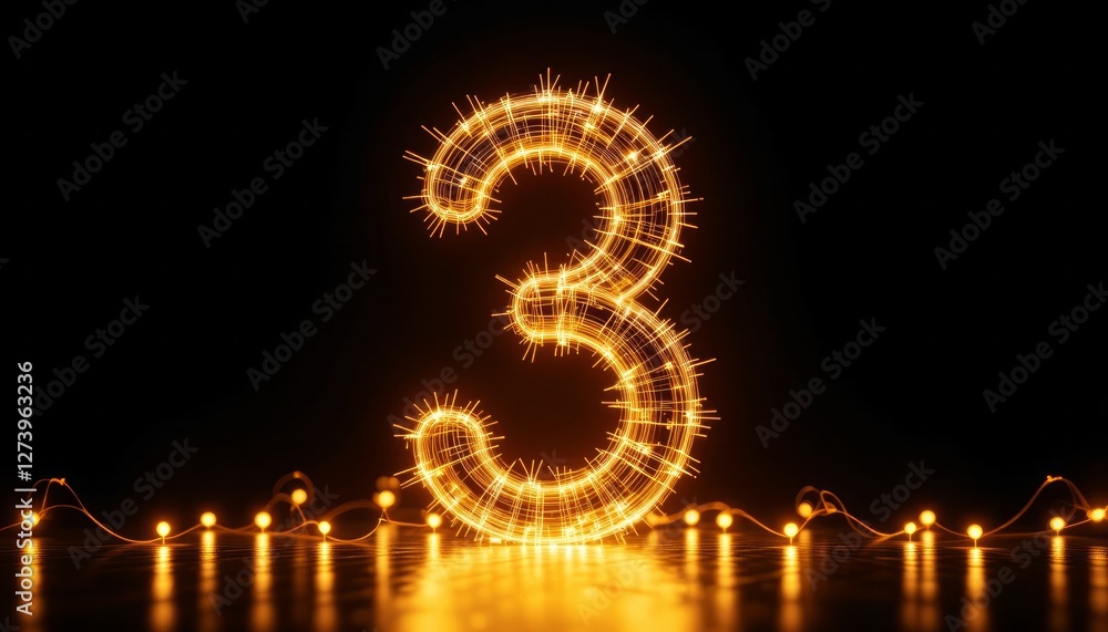 Poster glowing number three sparkler light festive design background