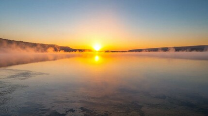 Fototapeta premium Serene Sunrise Over a Tranquil Lake with Misty Reflections