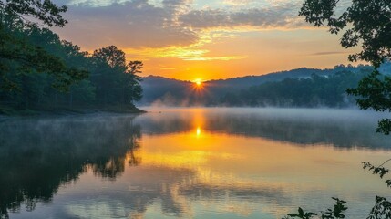 Fototapeta premium Serene Sunrise Reflection over Calm Lake with Misty Fog and Trees