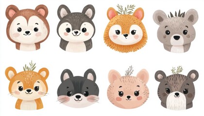 Obraz premium Cute cartoon animal faces with playful expressions and greenery accents.