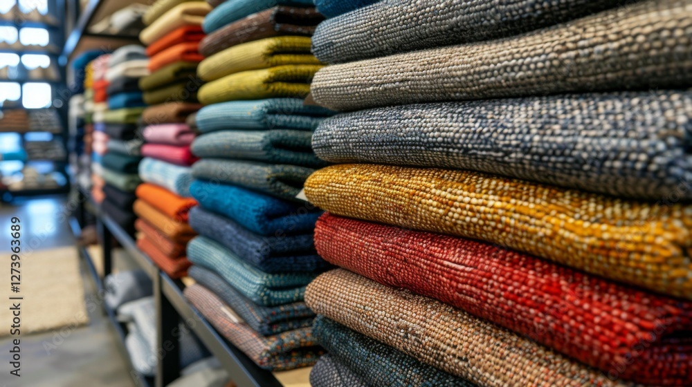 Poster a vibrant array of folded textiles neatly arranged on shelves showcases various colors and textures,