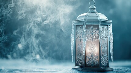 A frosty silver lantern styled with snowflake designs
