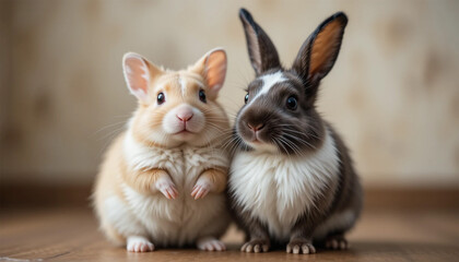 Obraz premium Hamster and Rabbit Sitting Together Indoors