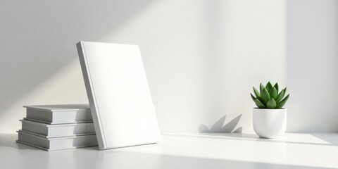 A minimalist scene featuring a stack of blank books and a succulent plant in a white pot, bathed in soft sunlight against a bright white backdrop.