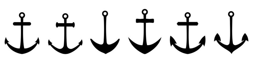 Anchor icon - black vector silhouettes isolated on white. Sea and naval symbols.