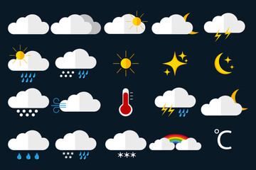 Weather icons isolated on blue background. Forecast icons collection.