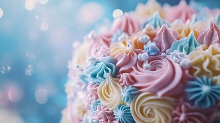 Close-up of a pastel-colored buttercream frosted cake with pearl sprinkles.