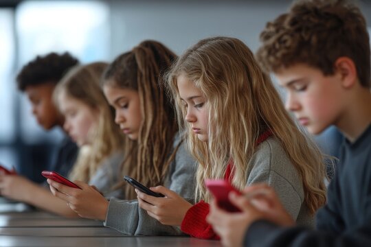 Focused schoolchildren using cellphones while sitting at desks in school classroom interior during break, copy space
