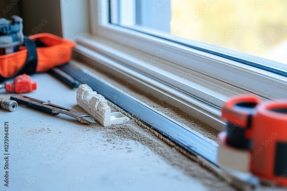 Poster a macro shot of a sliding window track being lubricated for smooth operation, with tools neatly arra