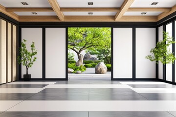 Obraz premium Serene zen interior with garden view minimalist design wooden beams natural light tranquil atmosphere indoor plants creating peaceful ambiance