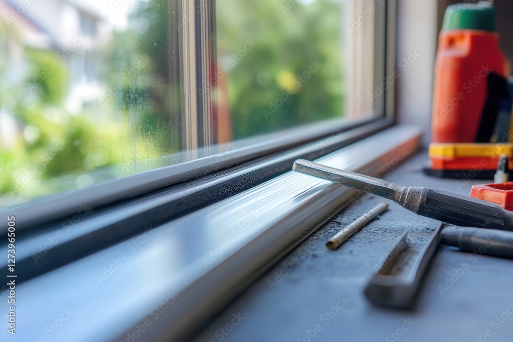 Poster a macro shot of a sliding window track being lubricated for smooth operation, with tools neatly arra