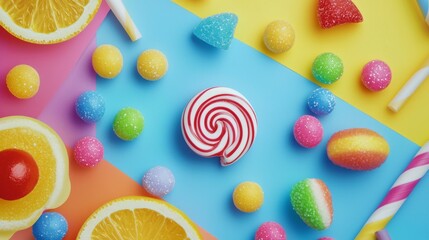 Colorful Candy and Fruit Surrounding a Swirled Lollipop Centerpiece