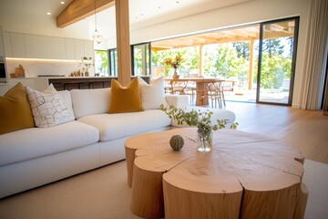 Fototapeta premium Bright living room with wooden table and sofa near open doors leading to outdoor dining area in natural light