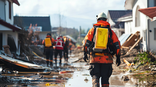 Disaster response team providing aid and relief in the aftermath of a natural disaster 