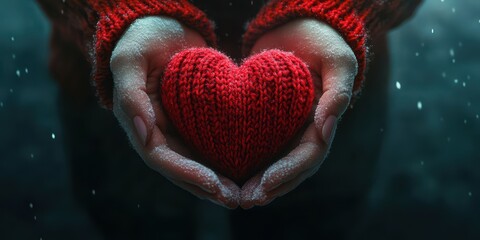 Warm hands hold a cozy red heart during a snowy winter night
