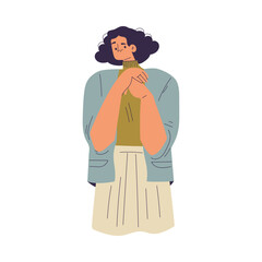Displeased Woman Character Stand with Frown Face as Gesture of Rejection Vector Illustration