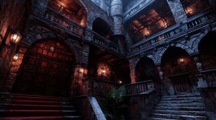 Dark, atmospheric interior of an ancient castle with ornate architecture and flickering lights © Fanny