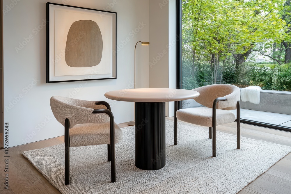 Aufkleber serene interior with round table and armchairs in minimalist design near window with greenery view n