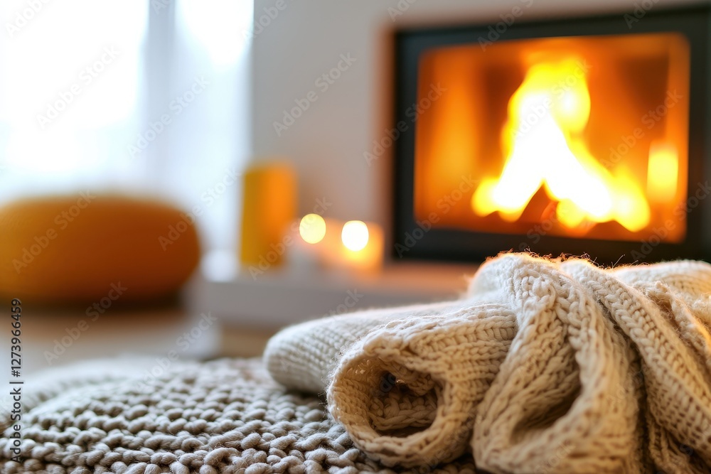 Poster cozy knitted blanket and pillow near fireplace creating a warm and inviting atmosphere with soft lig
