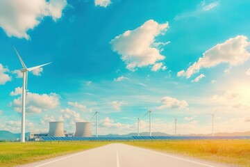 A coal-to-clean energy transition concept, with a power plant being replaced by solar panels and wind turbines in a split image