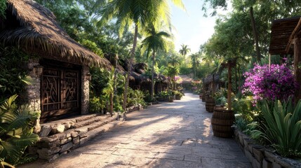 Fototapeta premium Serene tropical pathway lined with vibrant flowers and rustic cottages in a lush garden setting