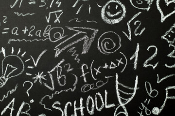 A blackboard filled with playful chalk drawings, mathematical symbols, and the word 'SCHOOL'. Perfect for themes of education, creativity, and student life.
