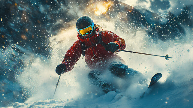 A professional skier in a red jacket racing down a snowy slope, creating a dynamic spray of snow. The skier wears a helmet and goggles, adding a sense of action and adventure.