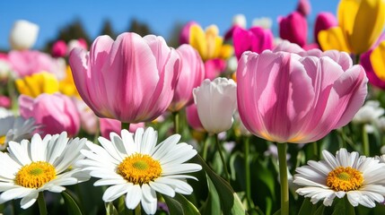 Fototapeta premium Vibrant spring garden filled with pink tulips and white daisies under a clear blue sky