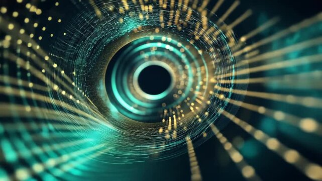 A mesmerizing journey through a high-tech tunnel illuminated by golden data streams and binary sequences.