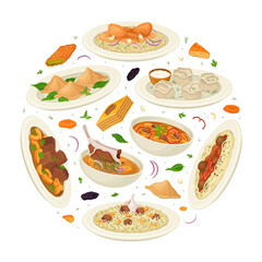 Uzbek Cuisine Dish and Meal Round Composition Vector Template
