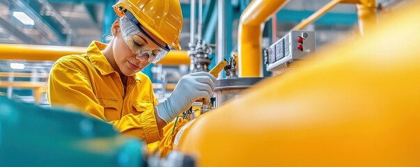 A worker inspecting equipment at a natural gas plant, with pipes and control systems in the background, highlighting domestic energy production