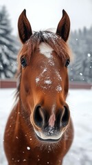 Snowy winter day brings a close-up of a brown horse with snowflakes on its face and surrounding trees in a tranquil setting