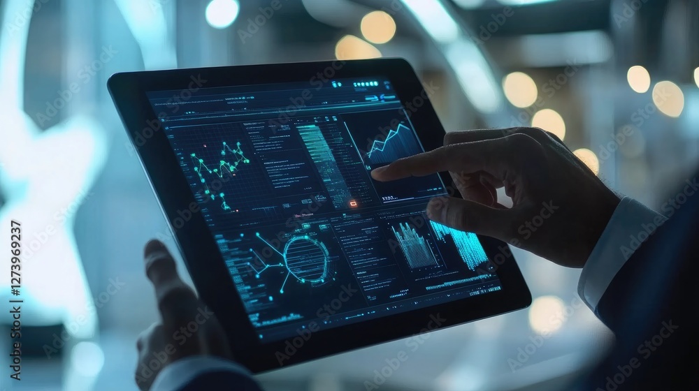 Poster futuristic business analytics, a close-up of hands interacting with a tablet displaying complex data