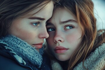 Obraz premium Worried mom comforting depressed crying teen daughter, mother supporting sad teenage girl having psychological puberty problem concept