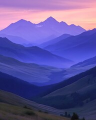 Majestic mountain range bathed in soft purple light at sunset creating a serene landscape