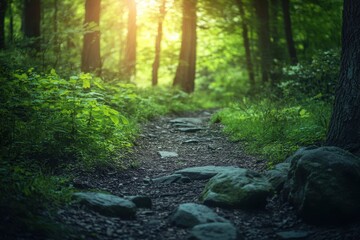 Fototapeta premium A clear pathway with rocks forming over it in the middle of a luscious green wild forest on a bright sunny day, professional nature photography