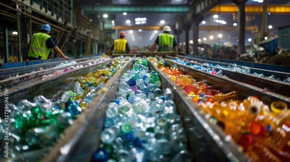 Leinwandbilder workers in reflective vests sort through rows of plastic bottles at a recycling facility, highlighti