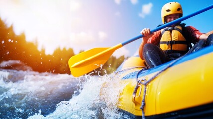 Naklejka premium Adventurous individual navigating whitewater rapids in a vibrant yellow raft under sunlight