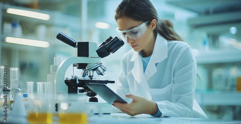 Wall mural scientist is looking through a microscope and taking notes