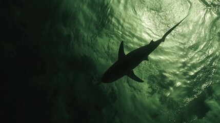 A silhouette of a shark swimming beneath the water's surface in a dark, moody environment.