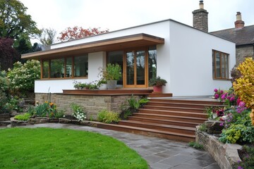 Captivating modern home exterior with lush garden stone steps and wooden accents showcasing architectural design and natural beauty in tranquil setting