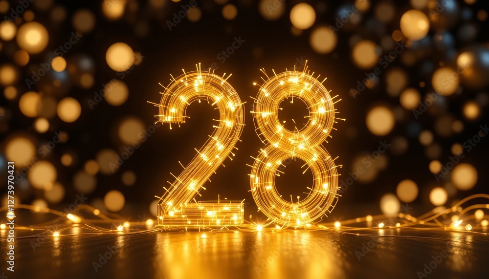 Poster illuminated number twenty eight festive lights sparkling bokeh background celebration