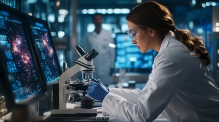 Female scientist examining samples under microscope in modern lab, screens displaying data