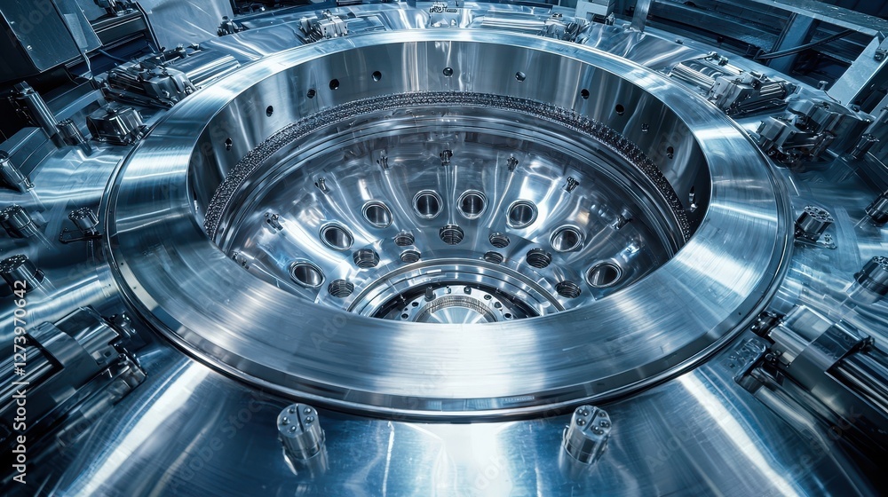 Poster captivating close up of a shiny metal industrial machine part showcasing precision engineering and t