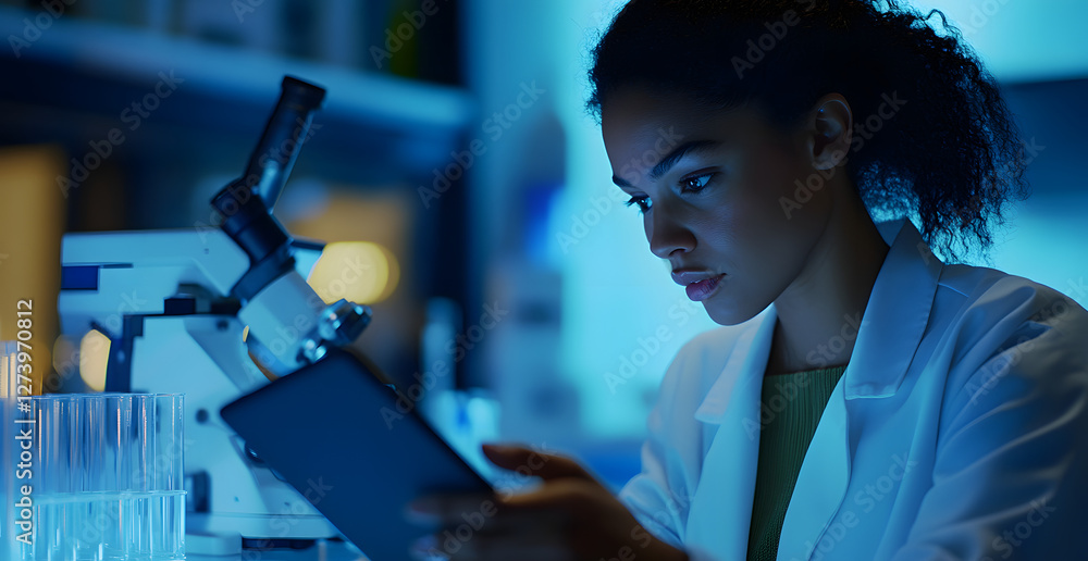 Wall mural scientist is looking through a microscope and taking notes