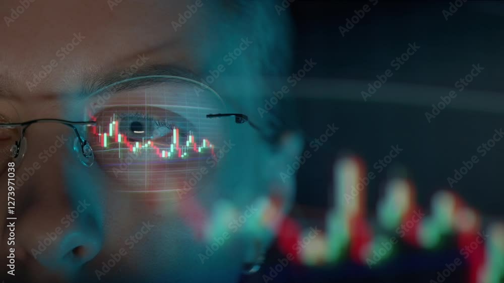 Poster trader wearing glasses is working on laptop computer. screen with stock market charts and bitcoin bt