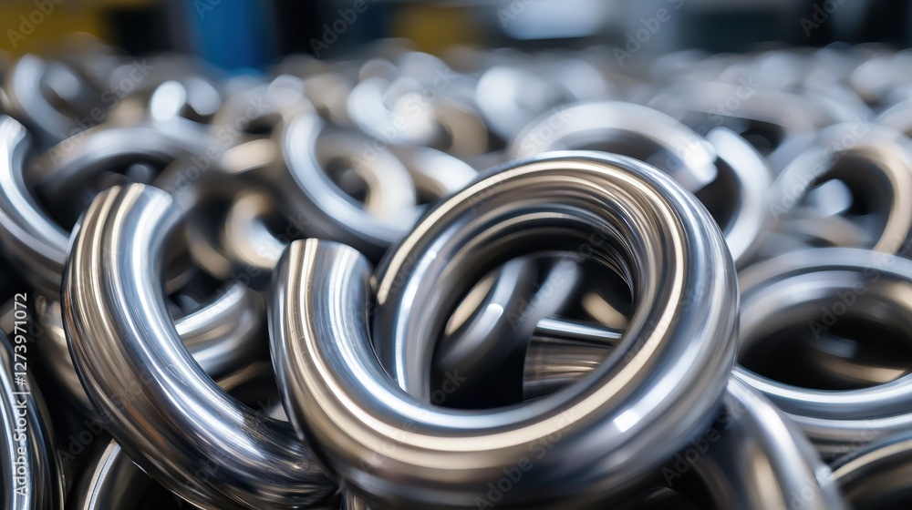Poster gleaming metal curves intertwined in a silver symphony industrial artistry close up capturing precis