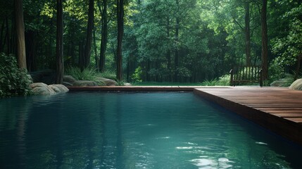 Serene forest scene with a tranquil pool and wooden deck, surrounded by lush greenery
