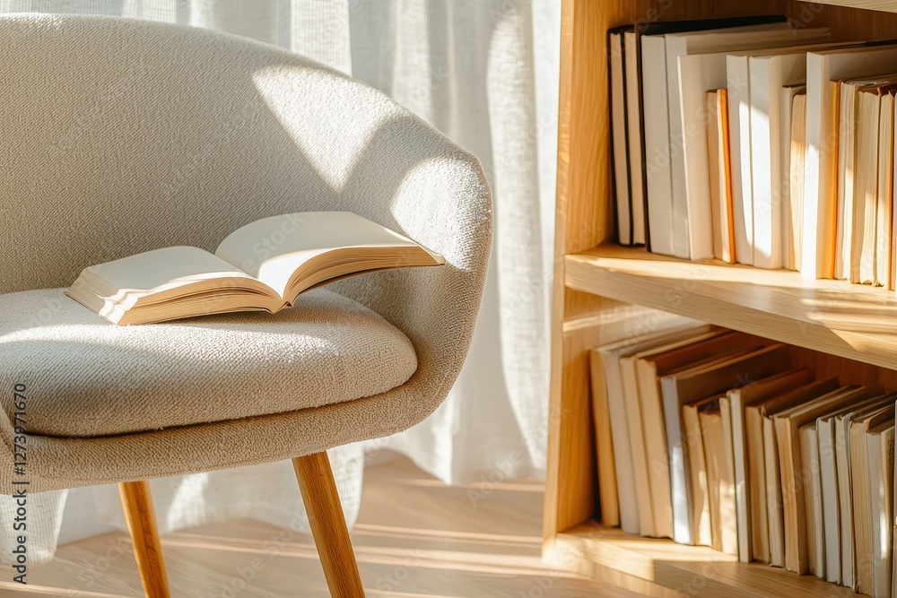 Poster serene reading nook with open book on cozy armchair and sunlit bookshelf creating a peaceful atmosph
