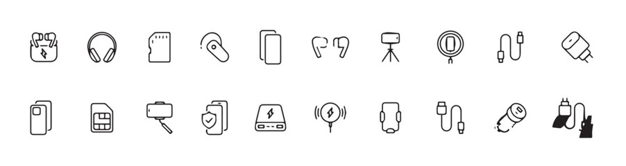 Mobile accessories icons set. Mobile accessories pack symbol vector illustration.